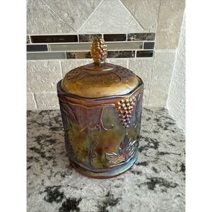 Vtg Indiana Glass Gold Carnival Harvest Grape Candy Biscuit Jar Lid 70s